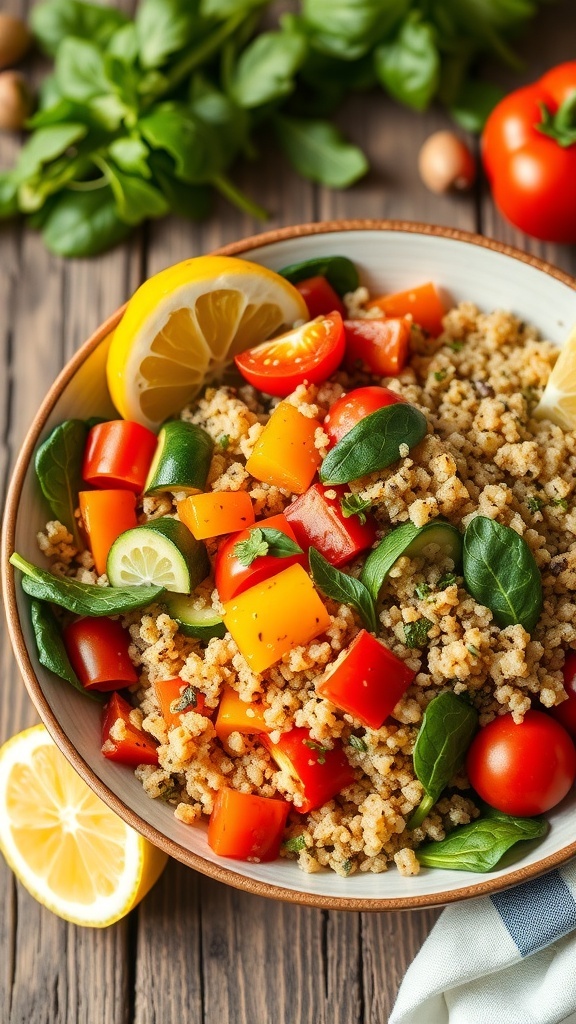 Healthy Quinoa and Vegetable Bowl A healthy quinoa and vegetable bowl with colorful veggies and lemon wedges on a wooden table.